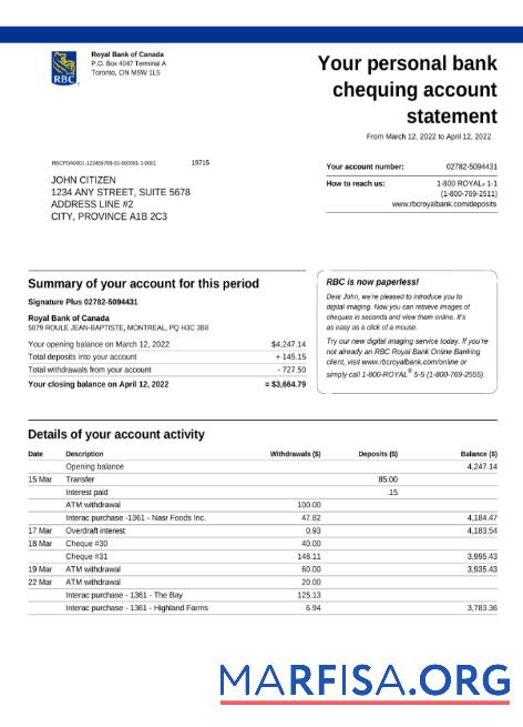 Realistic Canada Royal Bank of Canada (RBC) bank statement word version 3 example